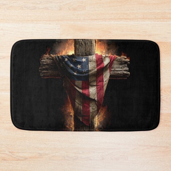 Item preview, Patriotic American flag draped wooden cross with flames designed and sold by dcrc.
