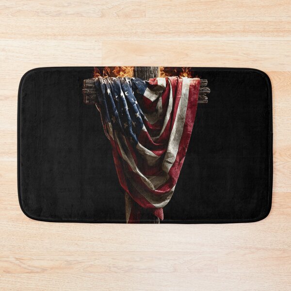 Item preview, Patriotic American flag draped wooden cross with flames designed and sold by dcrc.