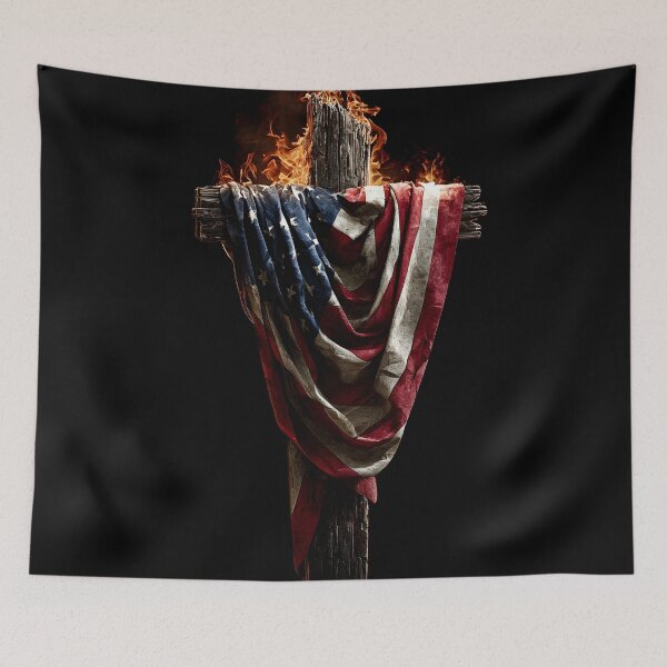 Item preview, Patriotic American flag draped wooden cross with flames designed and sold by dcrc.
