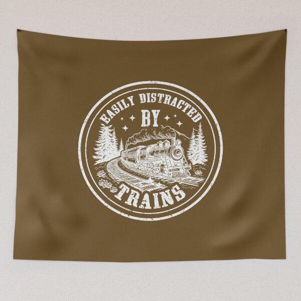 Item preview, Easily Distracted By Trains - Vintage Steam Locomotive Mountain Badge designed and sold by Dmetalx Art Apparel.