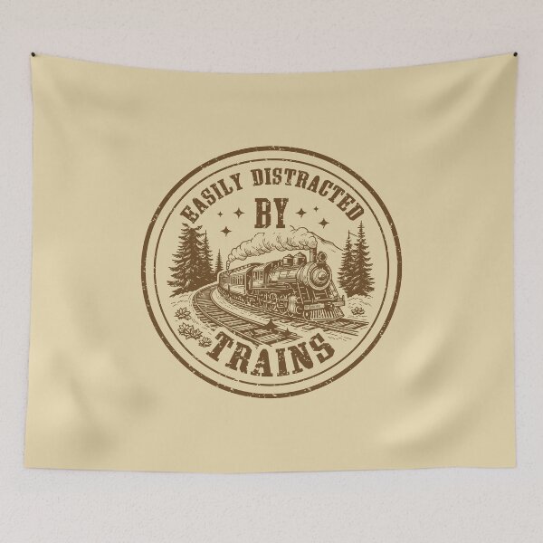 Item preview, Easily Distracted By Trains - Vintage Steam Locomotive Mountain Badge designed and sold by Dmetalx Art Apparel.