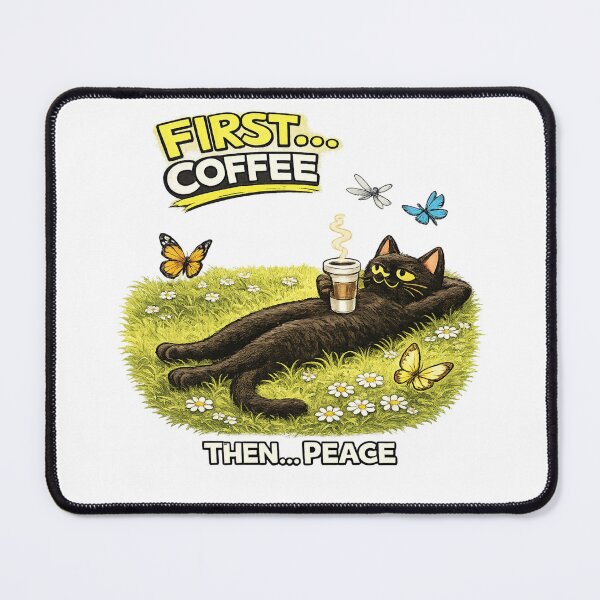 Item preview, First… Coffee, Then… Peace – Relaxing Cat in Nature Design designed and sold by IrynaLineArt.