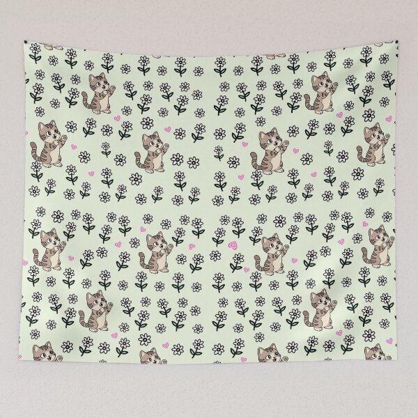 Item preview, Cute Kitten and Ditsy Daisy Floral Pattern On Sage Green Background  designed and sold by Blupunk.