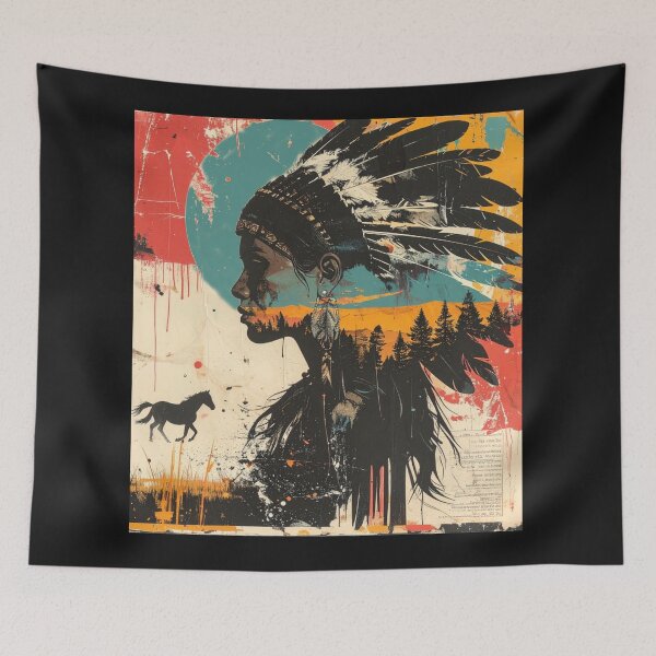 Item preview, Indigenous Woman Collage with Horse and Trees designed and sold by thelivingrp.