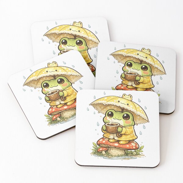 Item preview, Cute Frog Sitting on Mushroom Drinking Coffee – Rainy Day Umbrella Frog Aesthetic Sticker designed and sold by Ortegan90.