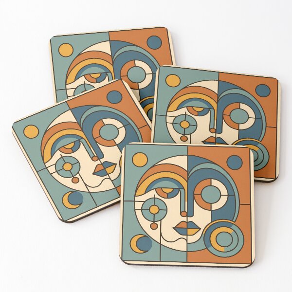 Item preview, Geometric Abstract Face in Teal and Orange designed and sold by InkSmithery.