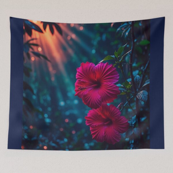 Item preview, Neon Pink Hibiscus Flowers in Moody Jungle Light Tropical Floral Art designed and sold by BeautifulVirtues.