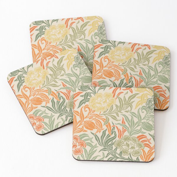 Item preview, Vintage Floral Art Nouveau Flowers Wood Block Botanical Pattern in Sage and Orange designed and sold by kierkegaard.