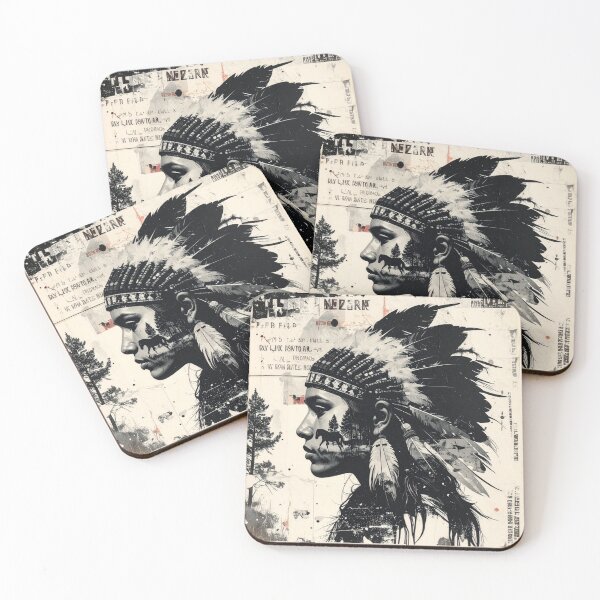 Item preview, Indigenous Woman with Feathered Headdress Collage in Grayscale designed and sold by thelivingrp.
