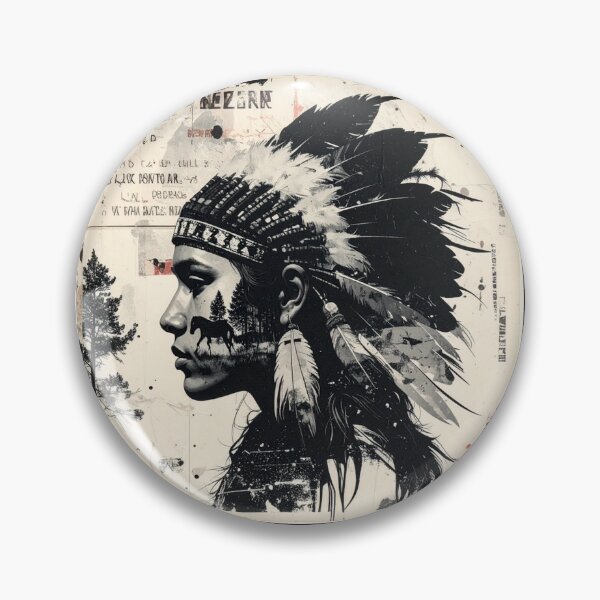 Item preview, Indigenous Woman with Feathered Headdress Collage in Grayscale designed and sold by thelivingrp.