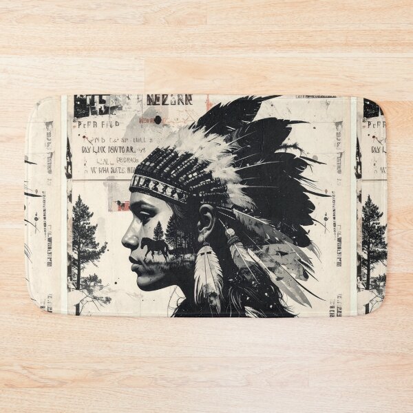 Item preview, Indigenous Woman with Feathered Headdress Collage in Grayscale designed and sold by thelivingrp.