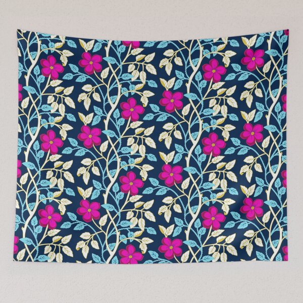 Item preview, Magenta climbing flower vines on navy blue designed and sold by Jennifer Ladd.