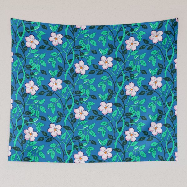 Item preview, Pretty climbing flower vines on blue designed and sold by Jennifer Ladd.