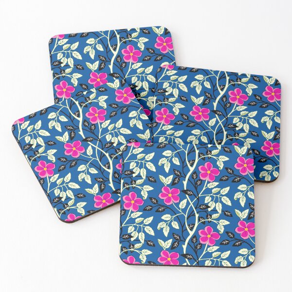 Item preview, Pink climbing flower vines on blue designed and sold by Jennifer Ladd.