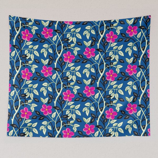 Item preview, Pink climbing flower vines on blue designed and sold by Jennifer Ladd.