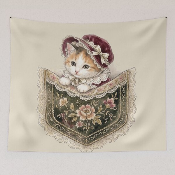 Item preview, Victorian Calico Cat Pocket Aesthetic Vintage Watercolor designed and sold by MAGICKEY2024.