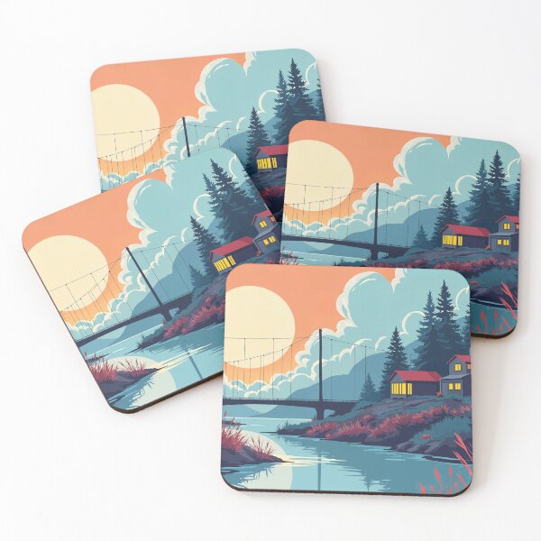 Item preview, Peaceful Riverside Cabin Sunset Illustration designed and sold by DesignDriftArt.