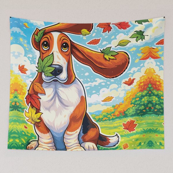 Item preview, Playful Basset Hound Autumn Leaves Cartoon designed and sold by RamyGallery.