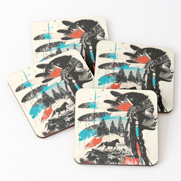 Item preview, Indigenous Woman with Headdress Nature Collage in grayscale, red, and teal designed and sold by thelivingrp.