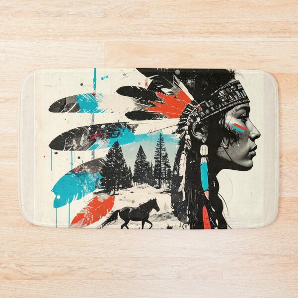 Item preview, Indigenous Woman with Headdress Nature Collage in grayscale, red, and teal designed and sold by thelivingrp.