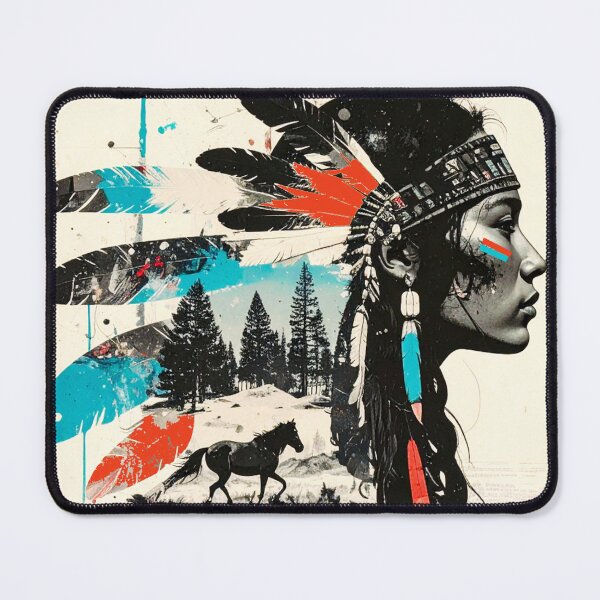 Item preview, Indigenous Woman with Headdress Nature Collage in grayscale, red, and teal designed and sold by thelivingrp.