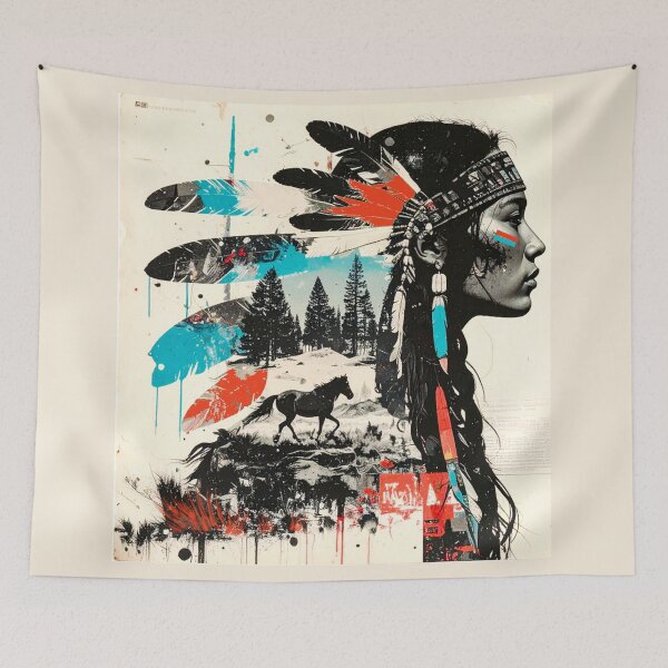 Item preview, Indigenous Woman with Headdress Nature Collage in grayscale, red, and teal designed and sold by thelivingrp.