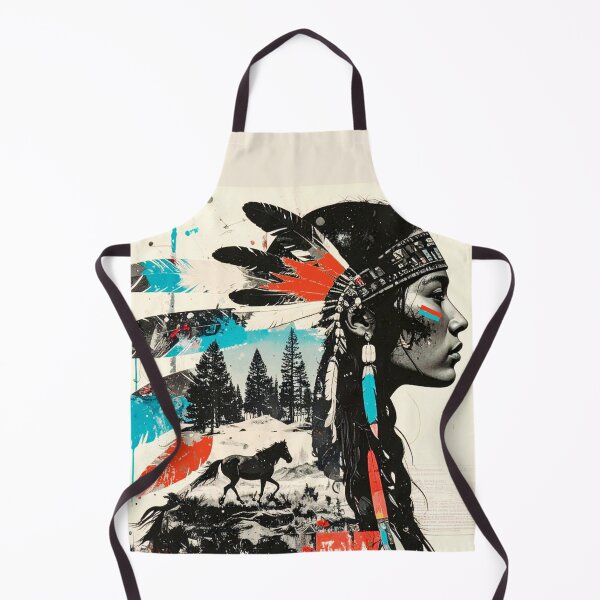 Item preview, Indigenous Woman with Headdress Nature Collage in grayscale, red, and teal designed and sold by thelivingrp.