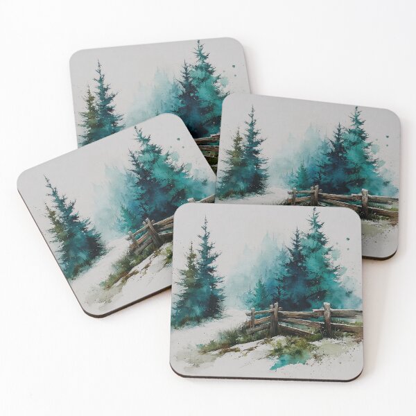 Item preview, Winter Forest Fence Watercolor Scene 1 designed and sold by FlaskLab.
