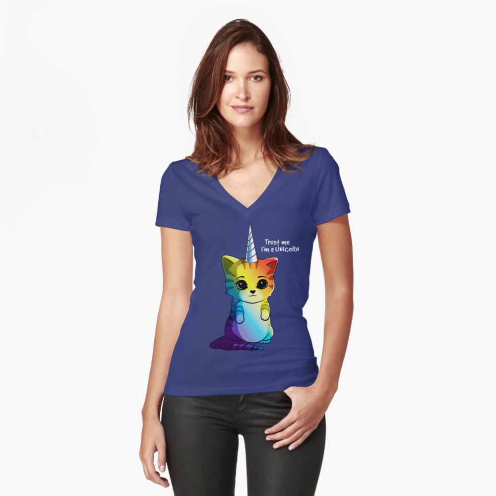 Caticorn T shirt Cat Unicorn Kittycorn Meowgical Rainbow Gifts Kids Girls Women Funny Cute Tees Fitted V-Neck T-Shirt