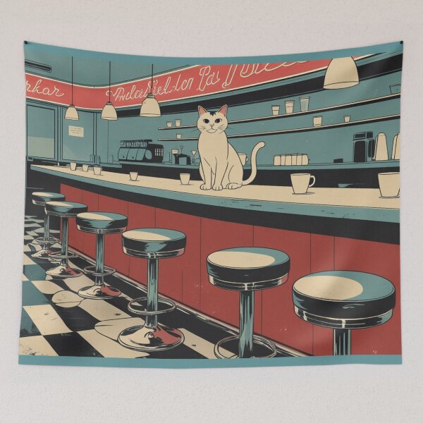 Item preview, Vintage Diner White Cat Illustration designed and sold by LEO'S CREATURE　れおずくりーちゃー.
