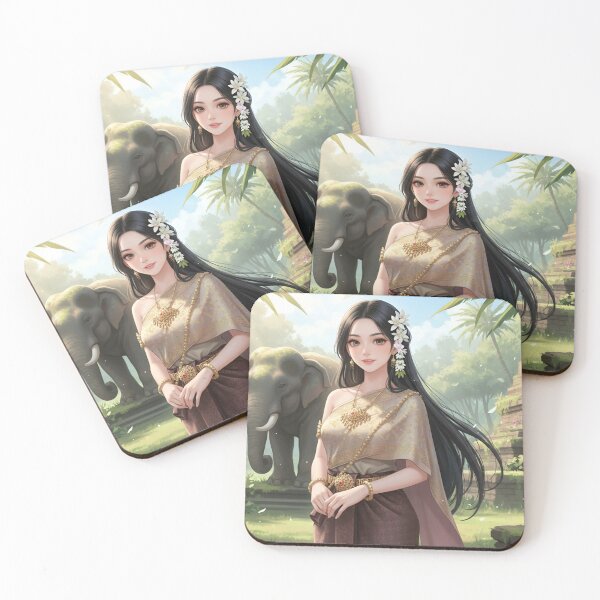 Item preview, Anime Girl with Elephant in Tropical Temple Garden | Aesthetic Nature Fantasy Art designed and sold by Bhaskar Digital Art.
