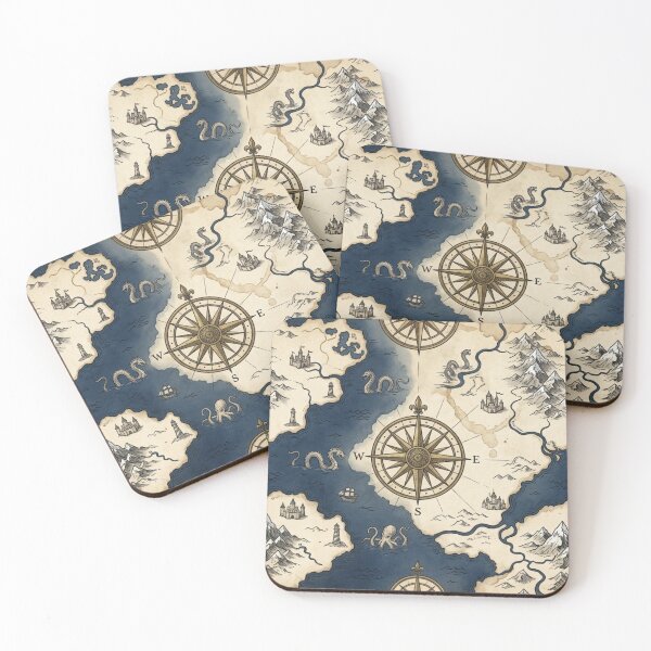 Item preview, Vintage Fantasy Cartography Pattern - Antique Map with Sea Monsters designed and sold by InnerwayStudio.
