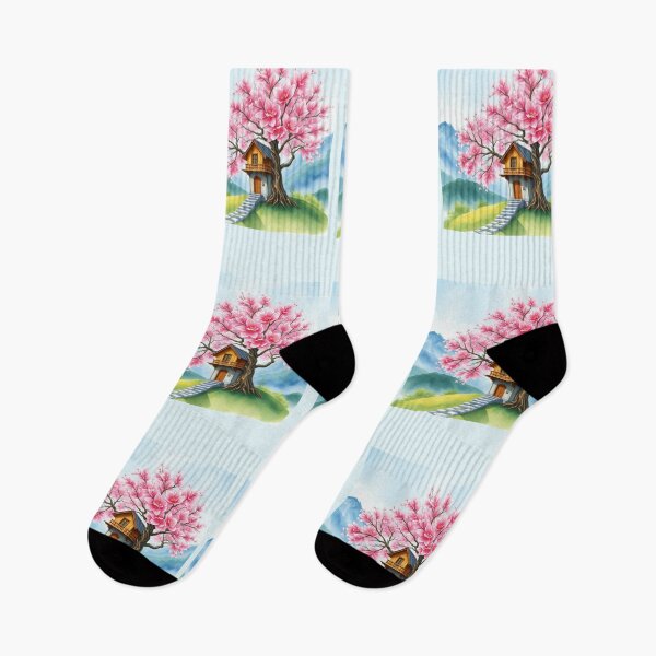 Artikelvorschau, Kirschblüten-Baumhaus-Cottagecore-Kunst – Rosa Sakura-Fantasielandschaft-Wandbild, gemütliche ästhetische Naturillustration, verträumtes Frühlingsdeko-Geschenk entworfen und verkauft von ArtByTripti.