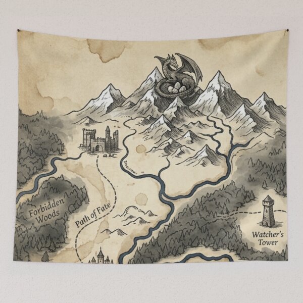 Item preview, Dragon's Peak & Forbidden Woods - Vintage Fantasy Map Pattern designed and sold by InnerwayStudio.