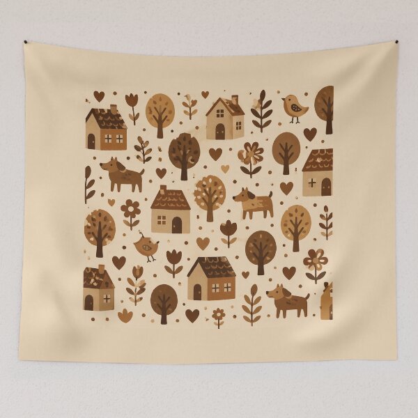 Item preview, Naive Brown Folk Pattern with Houses and Animals | Rustic Scandinavian Style designed and sold by DrizzyV.
