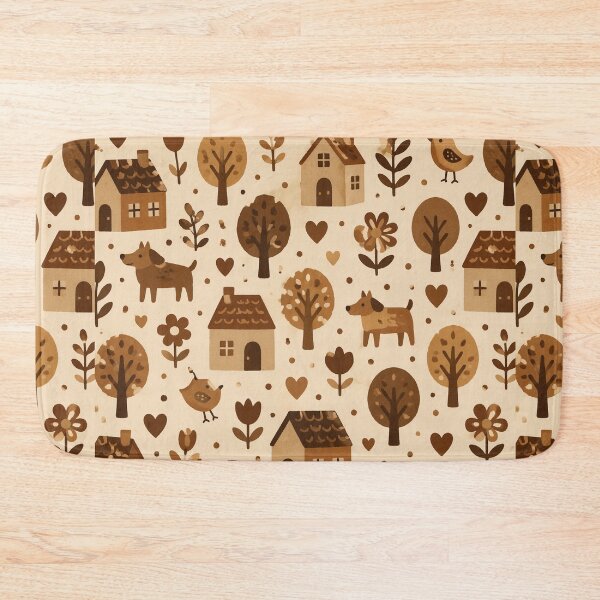 Item preview, Naive Brown Folk Pattern with Houses and Animals | Rustic Scandinavian Style designed and sold by DrizzyV.
