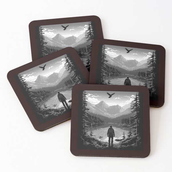 Item preview, Lone Hiker Mountain Lake Black and White Adventure Art designed and sold by inkoutninja.
