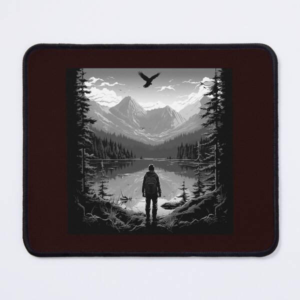 Item preview, Lone Hiker Mountain Lake Black and White Adventure Art designed and sold by inkoutninja.