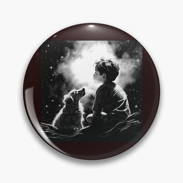 Item preview, Boy and Dog Under the Stars Black and White Dreamscape Art designed and sold by inkoutninja.