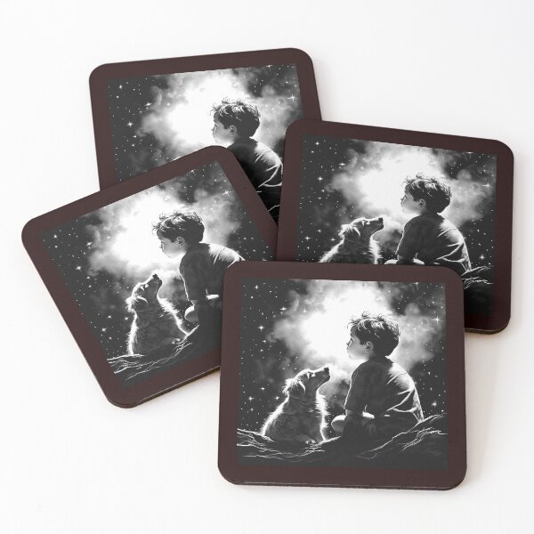 Item preview, Boy and Dog Under the Stars Black and White Dreamscape Art designed and sold by inkoutninja.