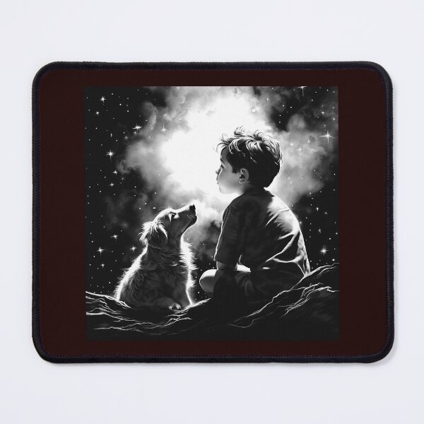 Item preview, Boy and Dog Under the Stars Black and White Dreamscape Art designed and sold by inkoutninja.