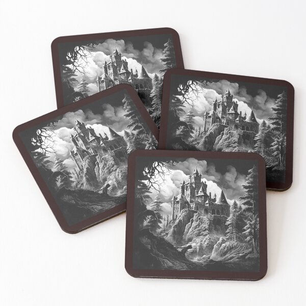 Item preview, Gothic Castle on the Cliff Black and White Dark Fantasy Art designed and sold by inkoutninja.