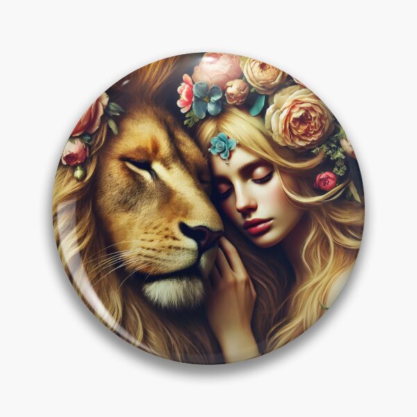 Item preview, Yellow floral lion embrace with floral decorated blond ethereal girl fantasy illustration designed and sold by EmeraldeaArt.