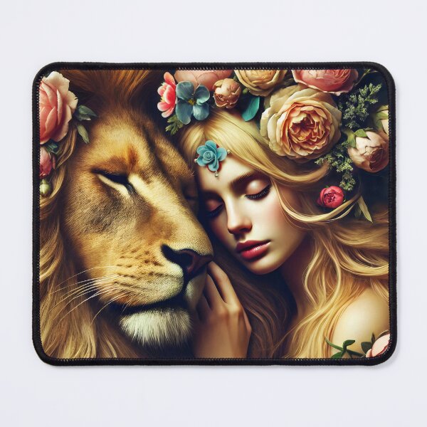Item preview, Yellow floral lion embrace with floral decorated blond ethereal girl fantasy illustration designed and sold by EmeraldeaArt.