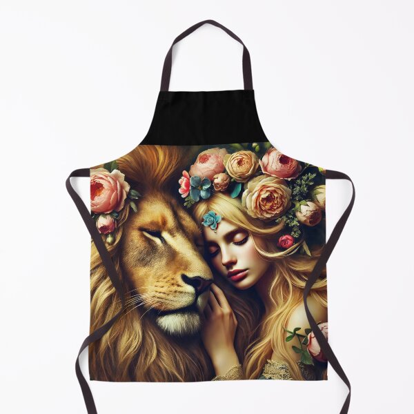 Item preview, Yellow floral lion embrace with floral decorated blond ethereal girl fantasy illustration designed and sold by EmeraldeaArt.