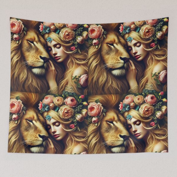 Item preview, Yellow floral lion embrace with floral decorated blond ethereal girl fantasy illustration designed and sold by EmeraldeaArt.