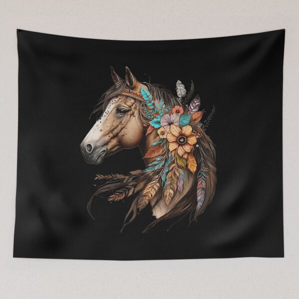 Item preview, Majestic Boho Floral Horse Portrait With Dreamcatcher Feathers And Wildflowers Art designed and sold by VexlyPlonk.