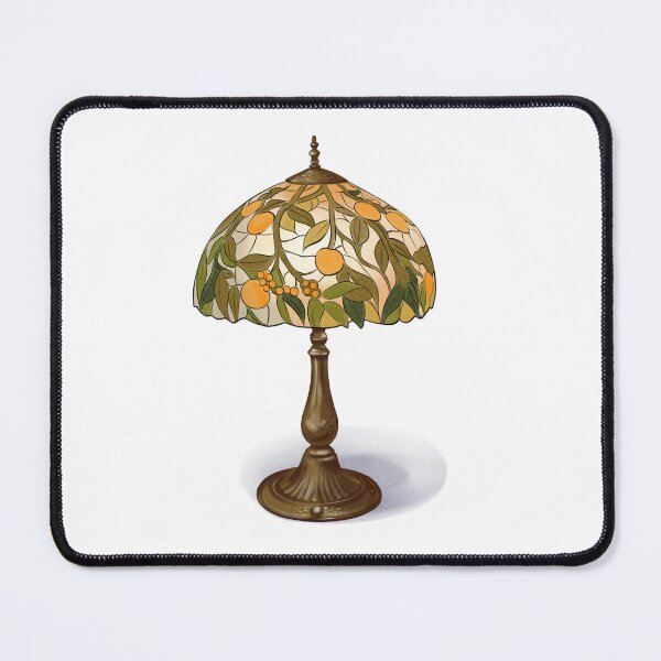 Artikelvorschau, Elegantes Design einer Lampe mit einem farbenfrohen Schirm, der mit orangefarbenen Früchten und grünen Blättern verziert ist und auf einem schlichten Sockel in einem hellen Raum steht. entworfen und verkauft von Ms. Iryna.