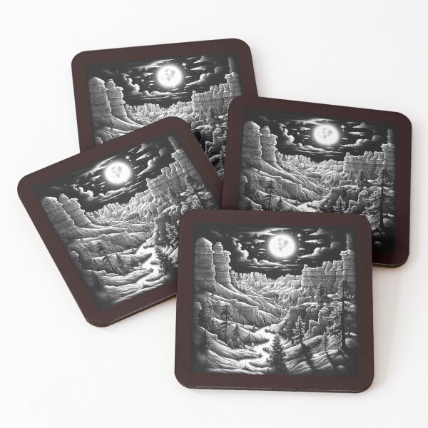 Item preview, Moonlit Canyon Desert Black and White Landscape Art designed and sold by inkoutninja.