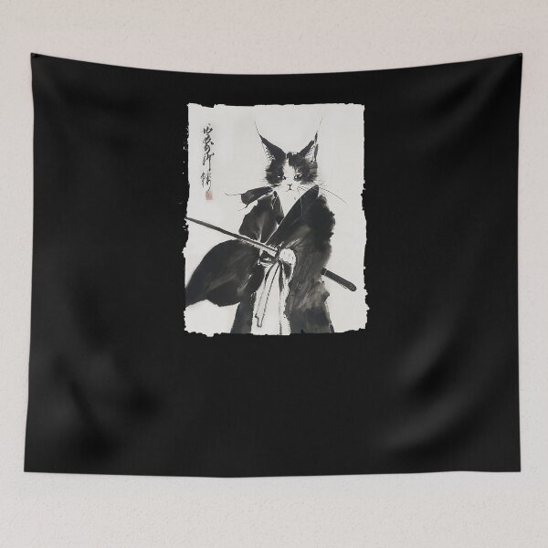 Item preview, Samurai Cat Sumi-e Japanese Ink Wash Warrior Kitty Minimalist Art designed and sold by alber-garnell.